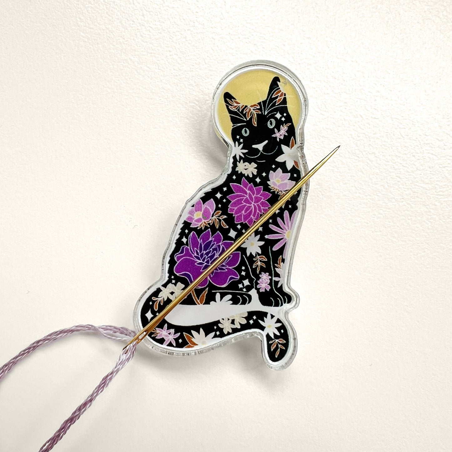 Purple Floral Black Cat Needle Minder