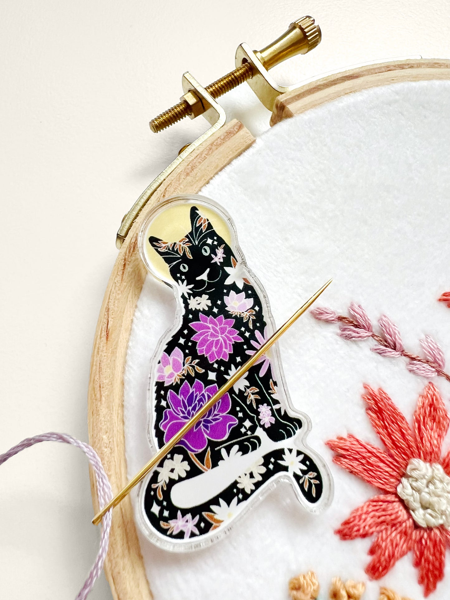 Purple Floral Black Cat Needle Minder